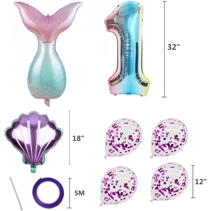 7 قطعة بالونات حورية البحر عدد بالونات لحفلة عيد الميلاد الأول والثاني والثالث لوازم تزيين ذيل حورية البحر للفتيات رقم 1
