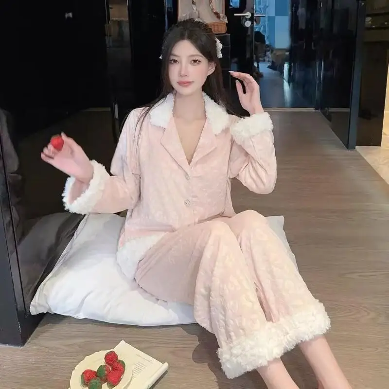 

New Pajamas Autumn Winter Comfortable Sleepwear Women's Pajama Set Thickened Warmth Loungewear Home Clothes Two-Piece for Girl