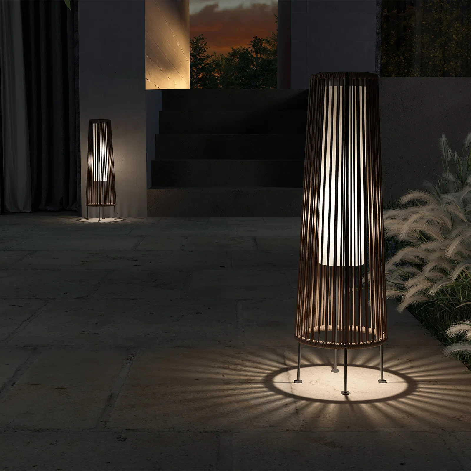 2-delig vloer zonne-licht, rieten zonne-terraslamp waterdichte buitendeklamp voor veranda, tuin, tuin, gazondecoraties