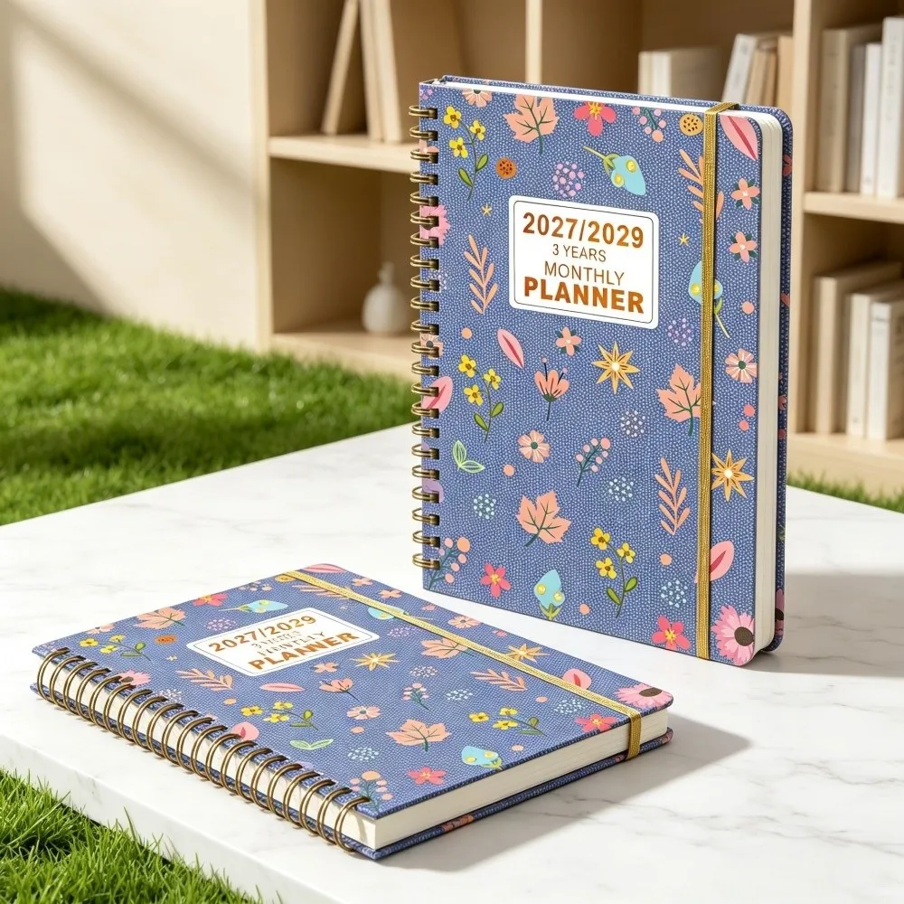 Flower Theme Cover 2027-2029 Monthly Calendar A5 Cat Print Annual Calendar Notebook Spiral Bound 3-Year Plan Book Work Office