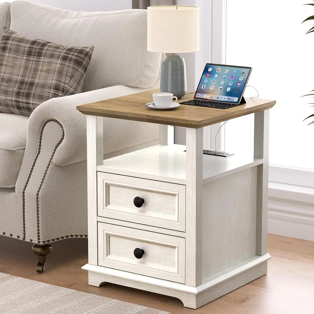 End Table with ast Charging Station, Side Table with 2 Ders | Large Storage Rustic Wood Square Storage Cabinet or Living Room,Be