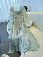 150Kg Plus Size Women's Bust 150 Summer Loose Chinese Style Camisole Dress Cardigan Shawl Green Set 5XL 6XL 7XL 8XL 9XL