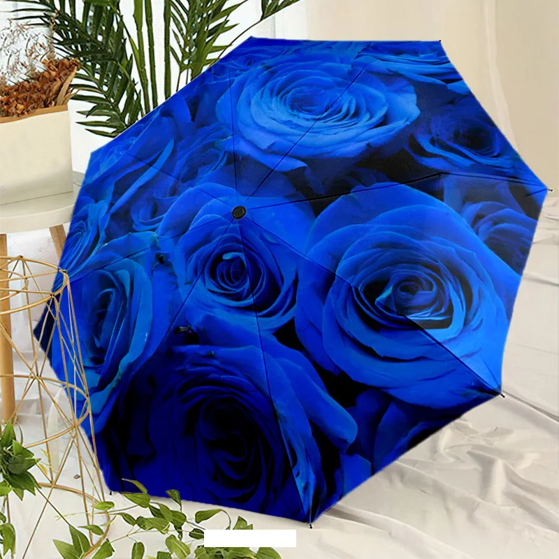

Automatic One-Button Opening & Closing Umbrella with Blue Roses Floral Design - 8-Rib Compact Travel Umbrella for Men & Women,