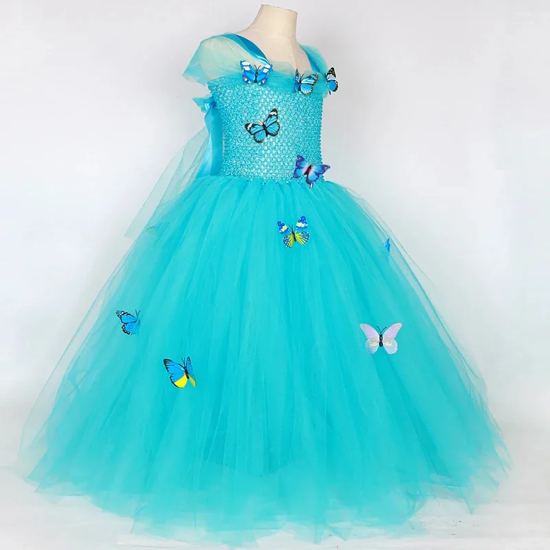 Sky03 Длинные платья принцессы Золушки для девочек, костюм на день рождения и Рождество, детский наряд для вечеринки на Хэллоуин с короной Butterfl55Hu%