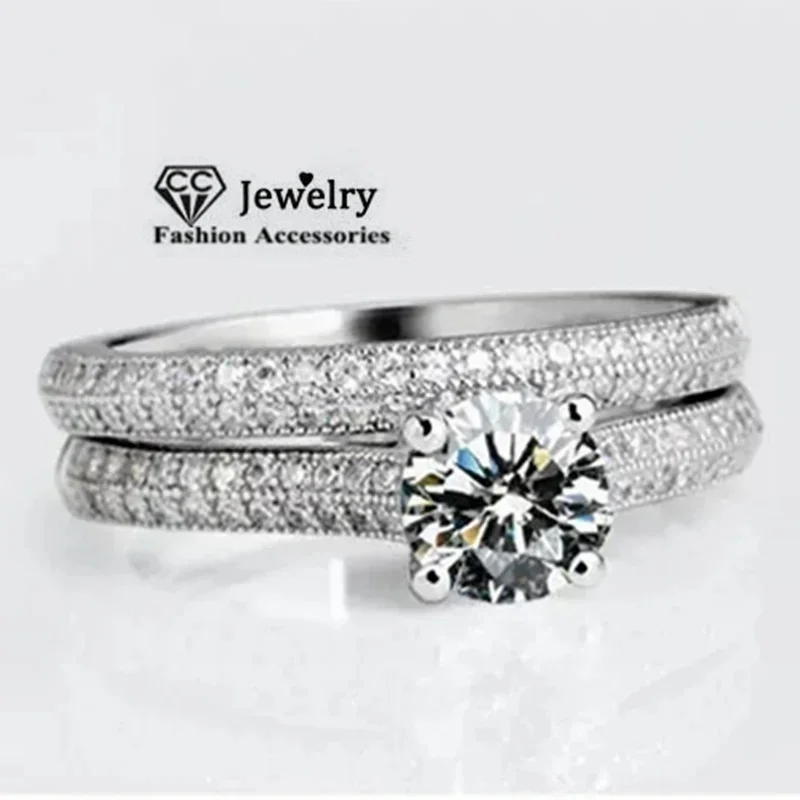 CC Bridal Sets Rings For Women 2pcs Double Stackable Fashion Jewelry Silver Color Wedding Engagement Marriage Accessories CC634