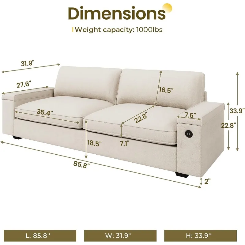 Modern Sofas Couches for Living Room, Comfy Couch with Extra Deep Seats, Oversized Loveseat Sofa Storage and 2 USB