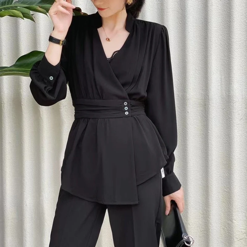 Spring Autumn New V-neck Fashion Long Sleeve Blouse Women High Street Casual Slim Pullovers Elegant Button Patchwork Chic Tops