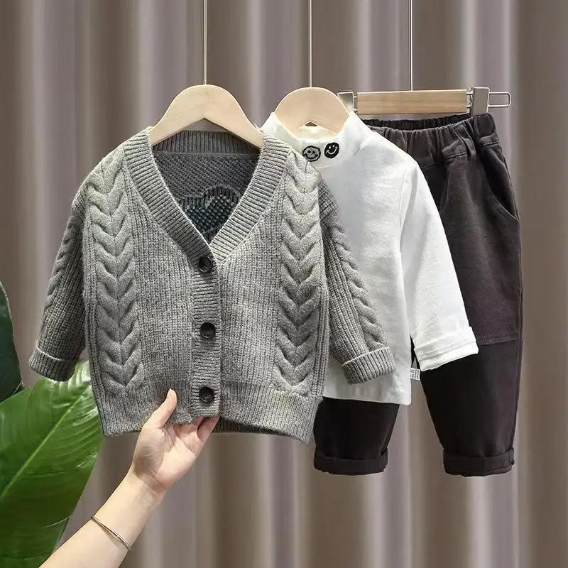 Boys' Autumn Three Piece Set Stylish Children's Knitted Sweater JacketC hildren's Clothing Spring And Autumn Sweater Set
