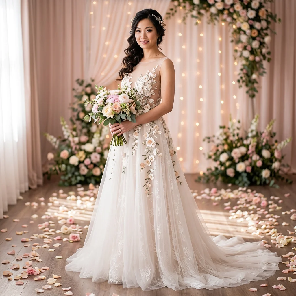 Sleeveless Illusion Neck 3D Floral Lace A Line Wedding Dress with Sheer Tulle Train Romantic Bridal Gown