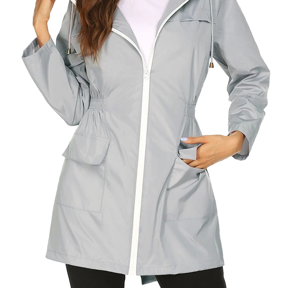 

Women's Lightweight Waterproof Raincoat Grey Size S Windproof Hooded Hiking Jacket Elastic Waist Outdoor Long Active Rainwear