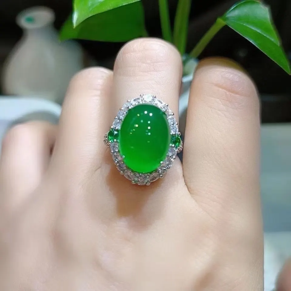 Natural Ice Chalcedony Ring Jade Inlay Jade Imperial Green Adjustable Color Agate Ring