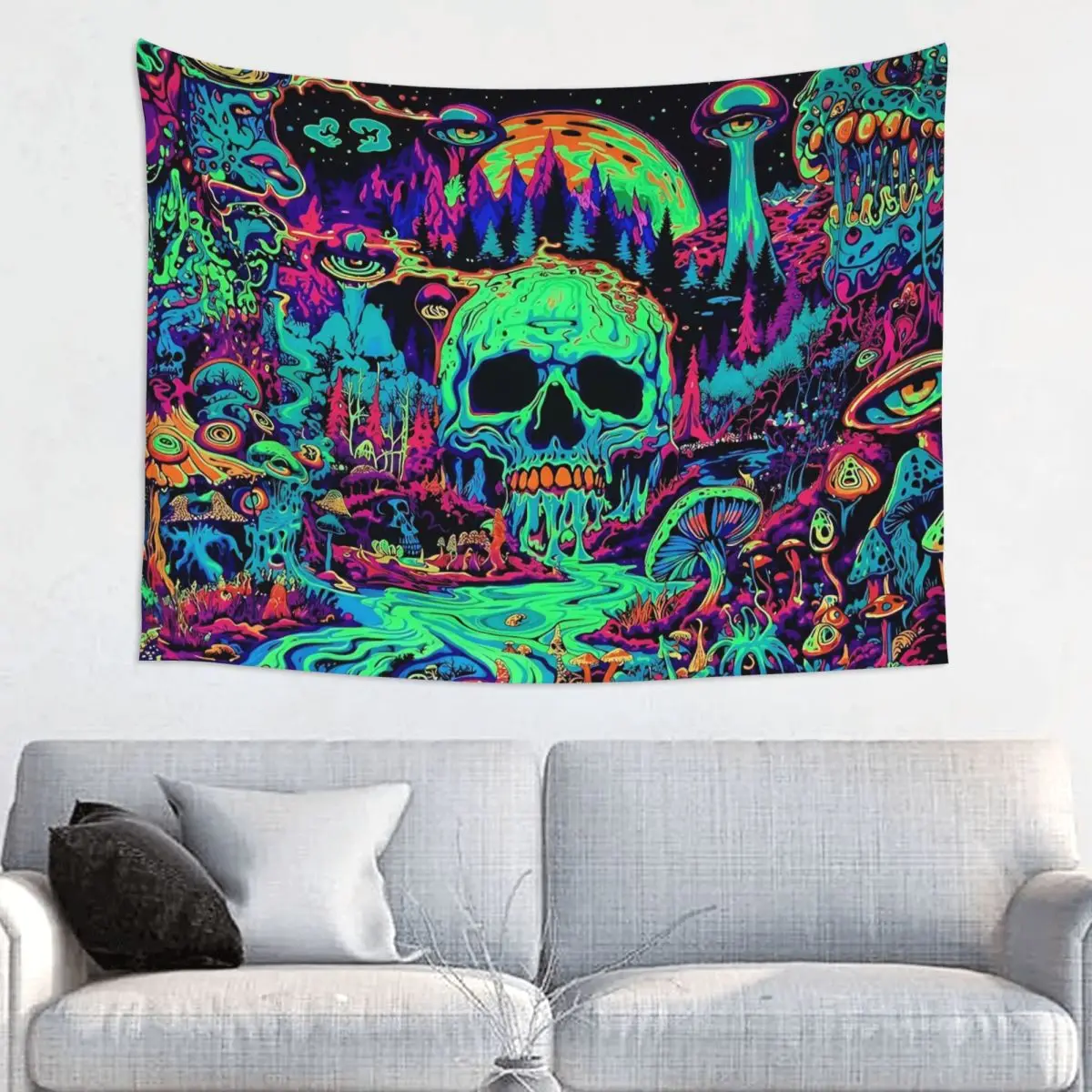 Skull Mushroom Glow In The Dark Tapestry Wall Hanging Hippie Tapestry Halloween Skeleton Bohemian Blanket Dorm Decor Wall Cloth