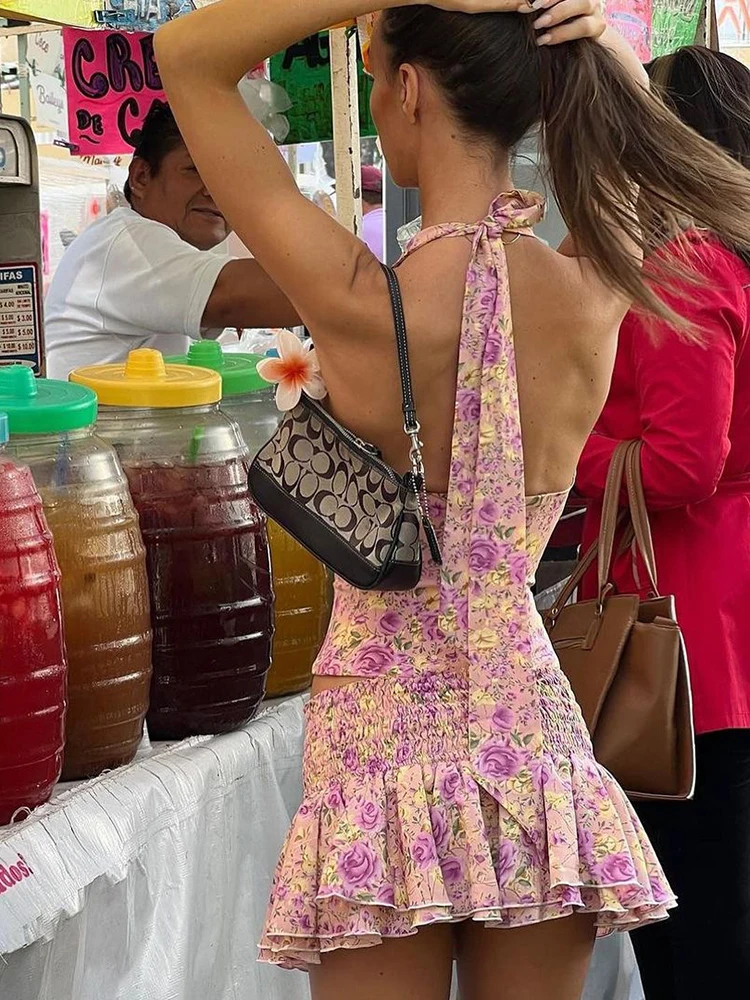 Evelyth-Conjunto de 2 piezas con cuello Halter y espalda descubierta, Falda corta ondulada de cintura alta y empalme a la moda, ropa de vacaciones de verano para mujer