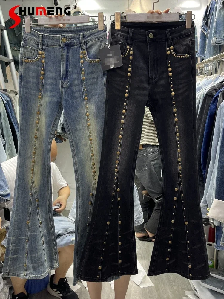 

Jeans Woman Retro Hip Hop Denim Bell-Bottom Pants 2023 Autumn New Washed Distressed Metal Rivet Stretch High Waist Jeans