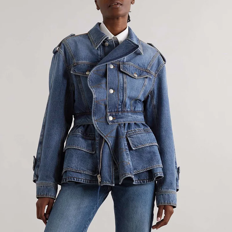Lapel Tierred Denim Jacket Single Breasted 3d Pleated Loose Jacket Stylish Fashionable Casual 2026 New Short Outerwears for Lady