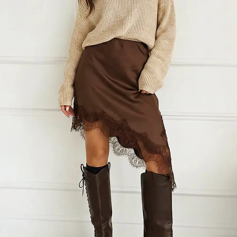 Ticketsx Women's Elegant Lace Skirts Summer Solid Fashion  Asymmetrical Patchwork Skirts Vintage Female Commuter Street Clothing