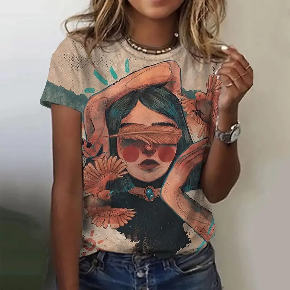 

Women T-shirt Cartoon Character Printed T-shirt Harajuku Retro Short Sleeved T-shirt Round Neck Fun Top Plus Size Women Clothing