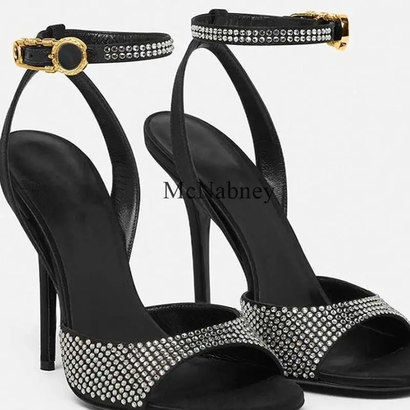 

Black Ankle Strap Rhinestone Peep Toe Women Sandals Summer 2024 Sexy Style Stiletto High Heels Metal Buckle Strap Design