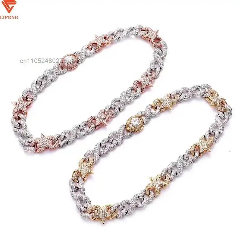 New Custom Full Iced Out Moissanite Diamond 20 Inches Star Shape Silver Rose and Gold Chain Necklace Star Cuban Chain for Men