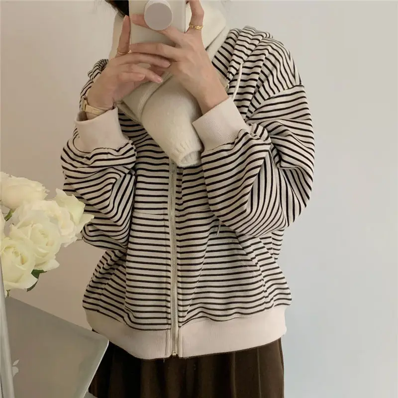 Hoodies Women Loose Design Fashion Students Tender Striped Leisure All-match Spring Vintage Korean Style Sporty Elegant Simple