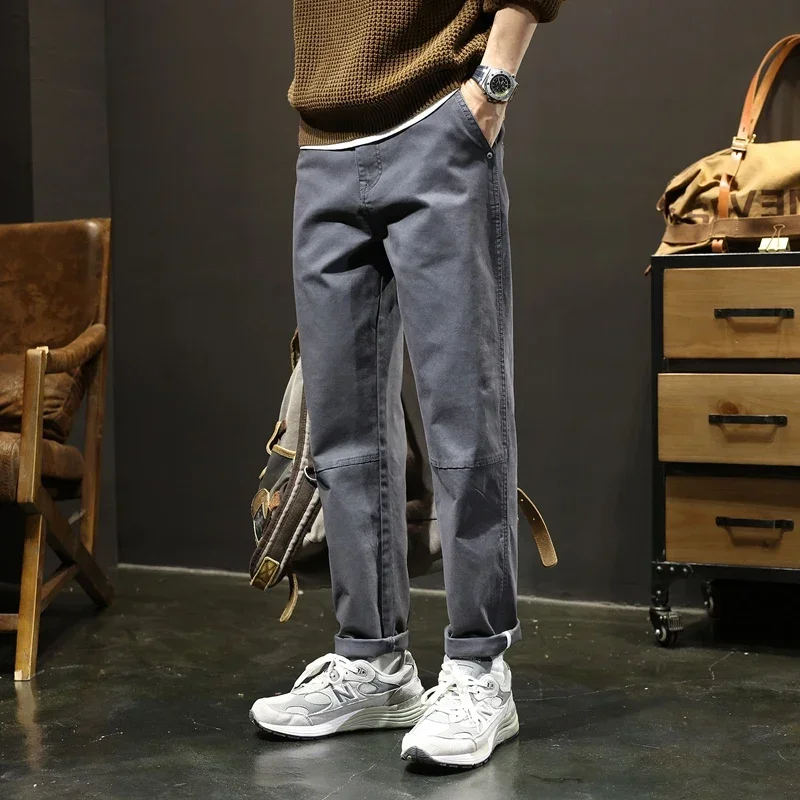 Men's Four Seasons Washed Cotton Casual Pants Business All-match Straight Stitching Design Narrow Foot Small Harlan Trousers