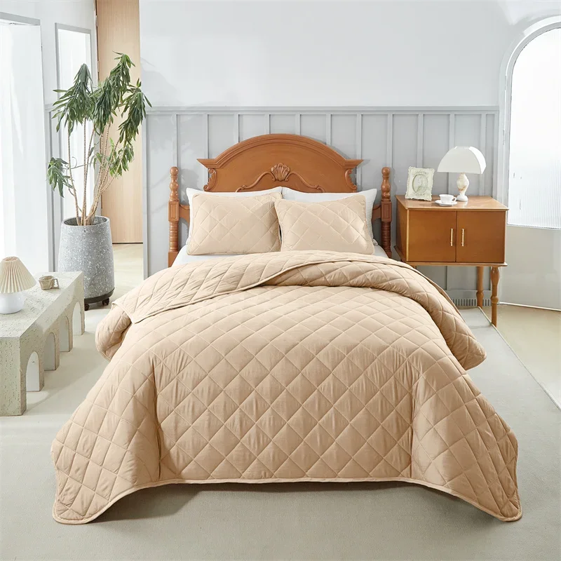 Solid color plaid quilted double-sided abraded washable bed cover oblique square bed cover  can be used in all seasons