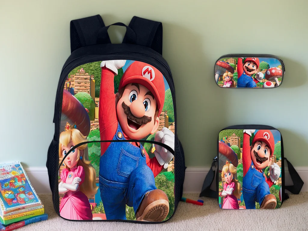 

Student Super Mario Large Knapsack+Lightweight Shoulder Bag+Pencil Box 3 in 1 Set-Back to School Backpack for Little Kid