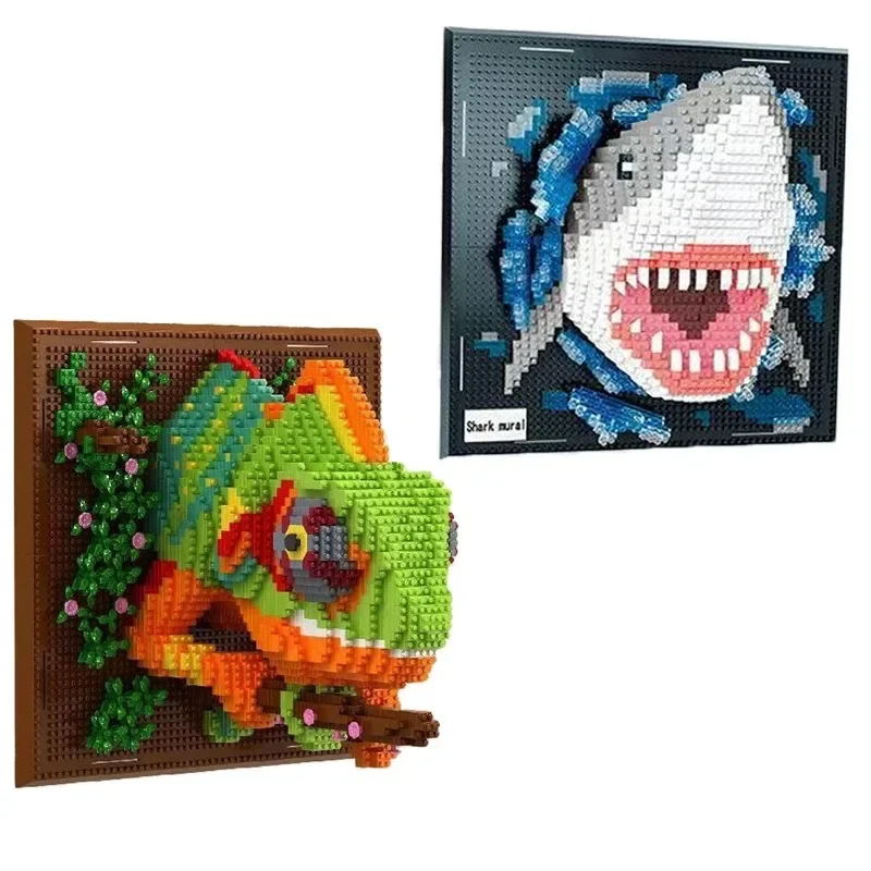 

3D Shark Monster Head Mural Wall Building Blocks Bricks DIY Animal Pendant Wall Decor Wall Hanging Sculpture Home Decor Toy Gift