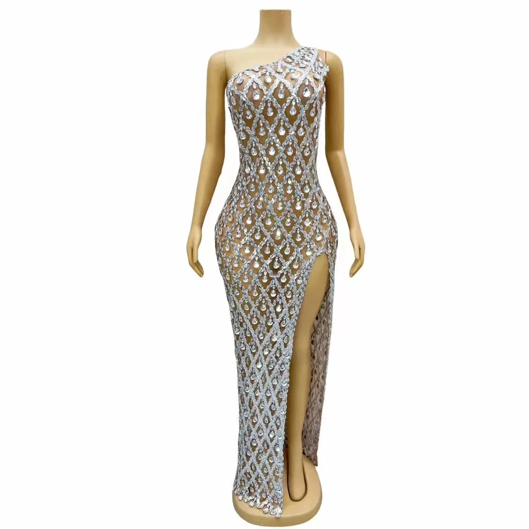 

Silver Sequins Rhinestones Dress Evening Celebrate Wedding Party Elegant Prom Birthday Long Gown Singer Host Model Catwalk Cost