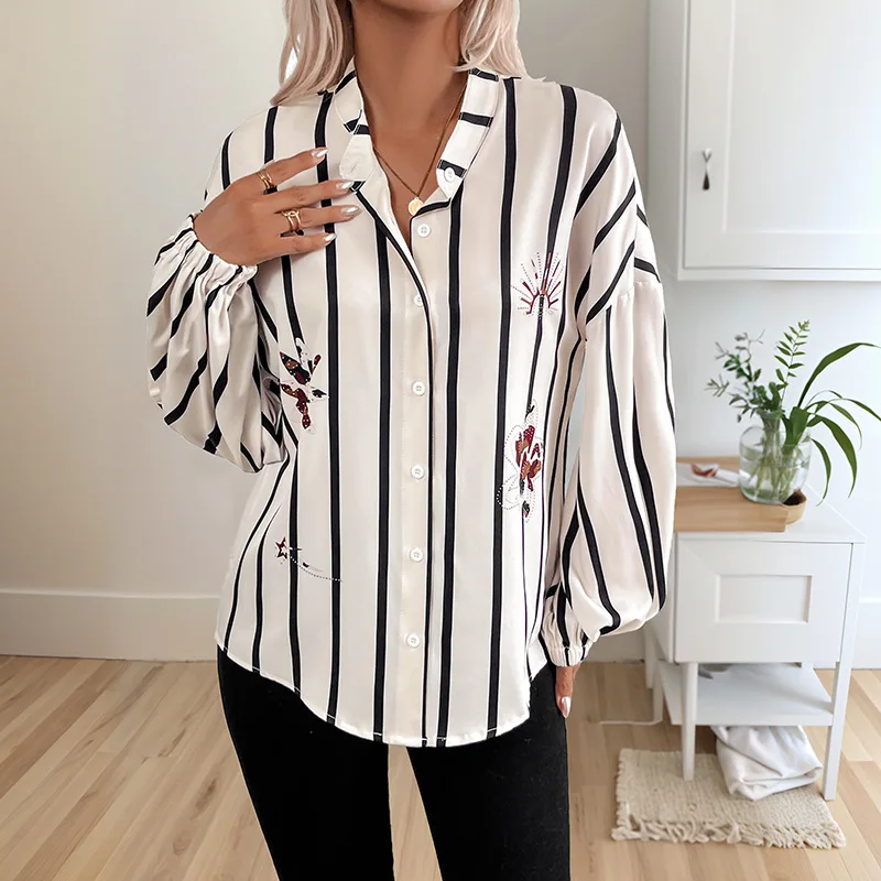 

2025 Spring Autumn Striped Print Shirt for Female Stand Collar Long Sleeve Cardigan Top Fashion Casual Women's Shirt
