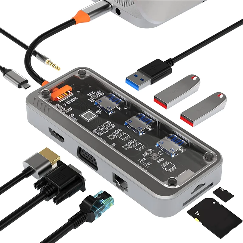 Adaptador de concentrador USB C 10 en 1, estación de acoplamiento para ordenador portátil USB C para monitores duales, puertos USB3.0 2,0, carga PD de 100W, RJ45,Audio