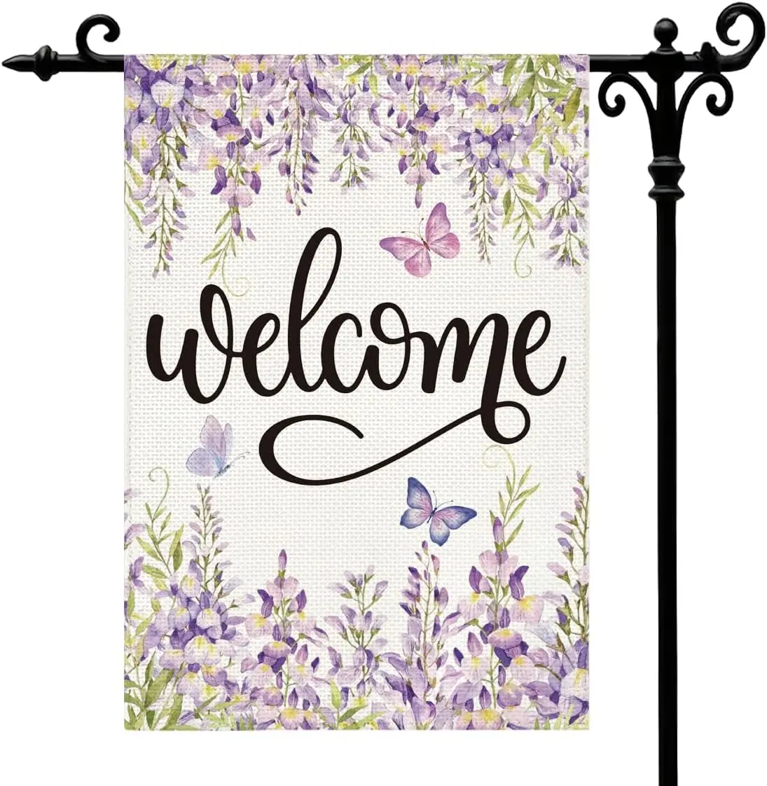 Welcome Floral Garden Flag Double Sided Yard Flags for Outdoor Decoration, House Flag with Wisteria Flowers and Butterfly Pa yyi
