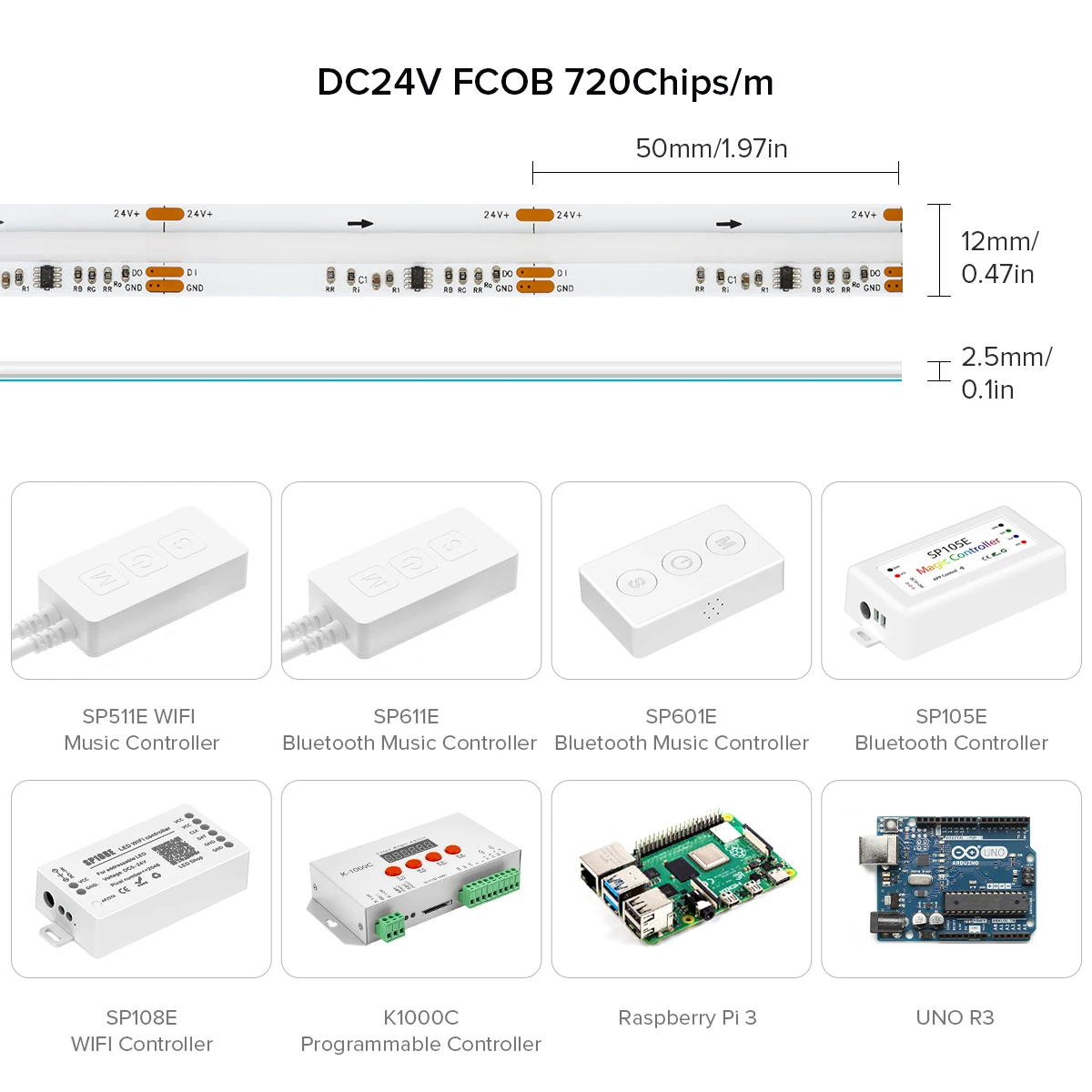 FCOB RGB IC 720 LEDs 12mm 24V LED Light Strip WS2811 Addressable Dream Full Color High Density Flexible FOB COB Led Lights RA90