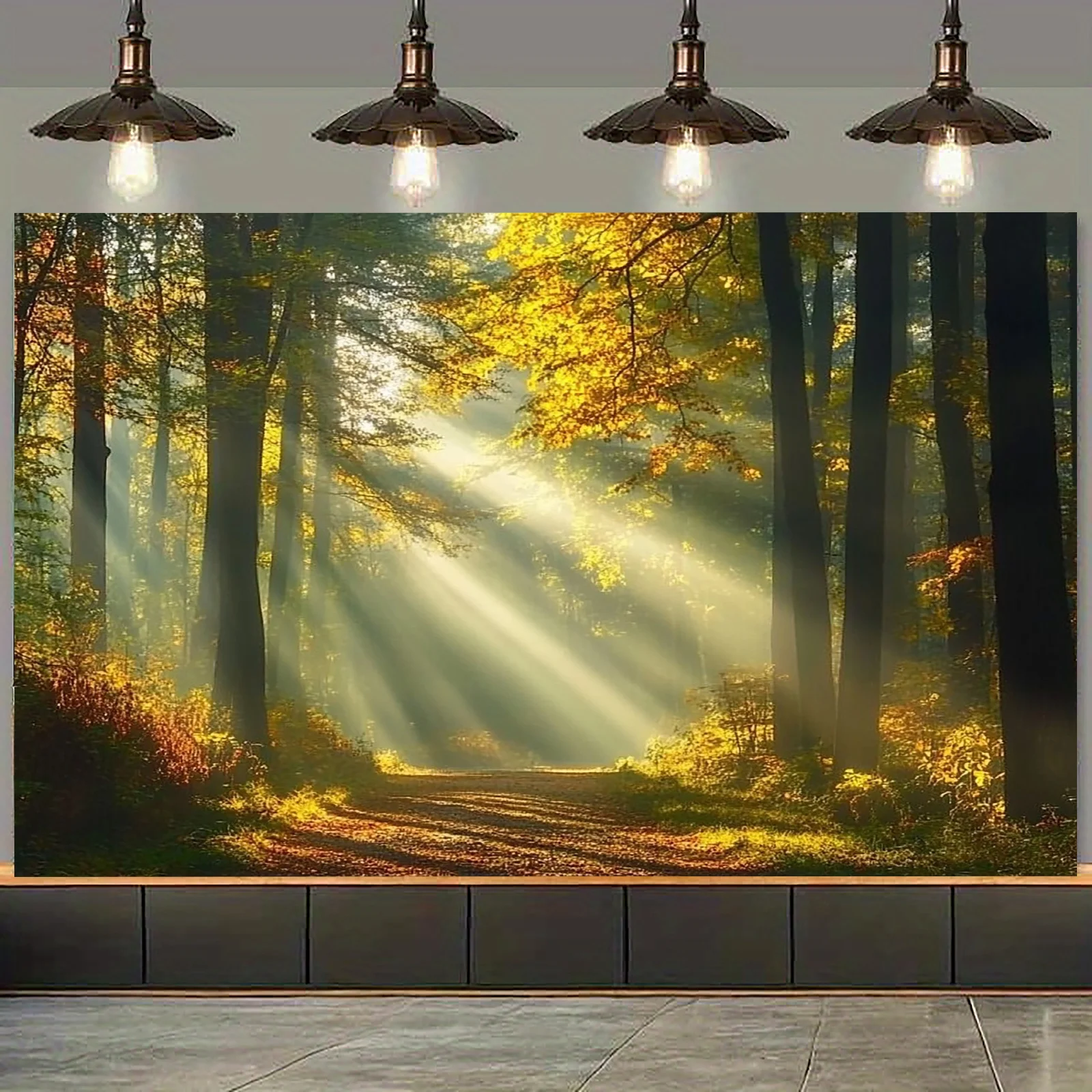 Ein Stück, Hintergrundstoff mit goldenem Thema, im Herbstwald, Sonnenlicht, hawaiianische Partydekoration für Geburtstag, Hochzeit