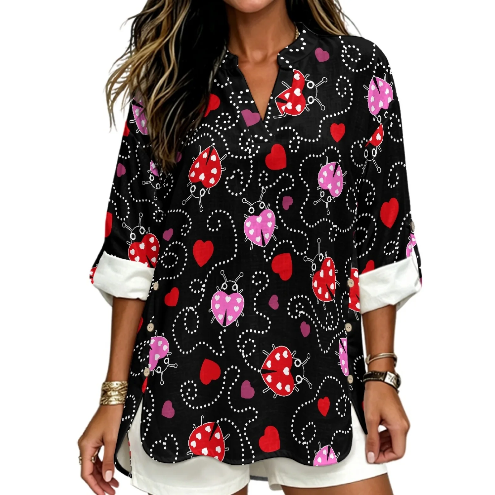 PENSTROLL Ladybug Love Hearts Linen Style Tunic Blouse for All Occasions Casual Fashion Tunic Top Long Sleeve Tops for Women