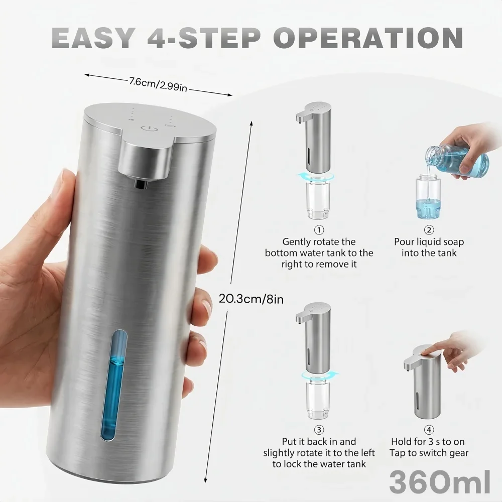 360ml Kitchen Automatic Soap Dispenser Sensor Hand Washer 304 Stainless steel Touchless Sanitizer Foam/Gel Dispenser For Home