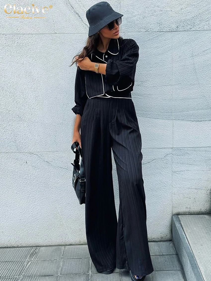 

Clacive Fashion Loose Black Trousers Sets For Women 2 Pieces Elegant Long Sleeve Shirt With High Waist Wide Pants Set Streetwear