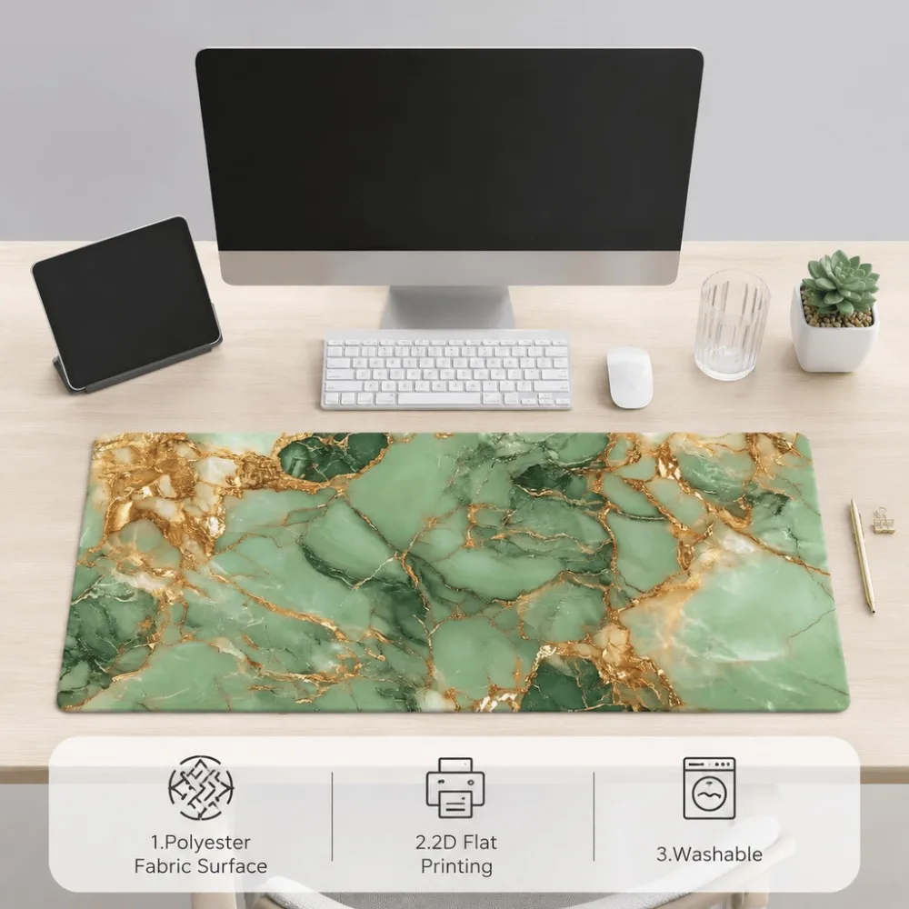 Simple marble print with original green and gold patterns Suitable for office, home and study users. Unsewn edges Large tabletop
