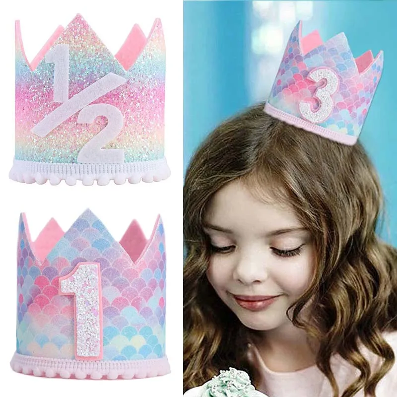 

1st 2nd Birthday Crown for Baby Girls 1/2 3 4 5 6 Party Hats Kids Rainbow Mermaid Birthday Hat 1 Year Baby Shower Decoration 1pc