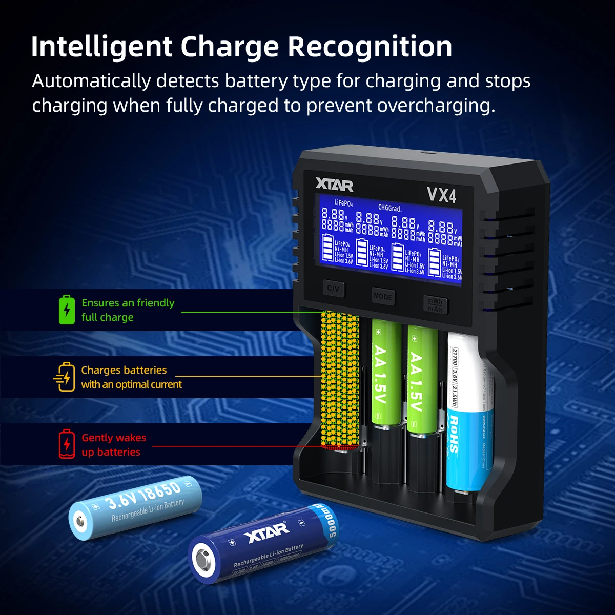 XTAR VX4 18650 battery charger Rechargeable AAA/AA Li-ion /Ni-MH /LiFePO4 Battery 20W fast charging with Led LCD display