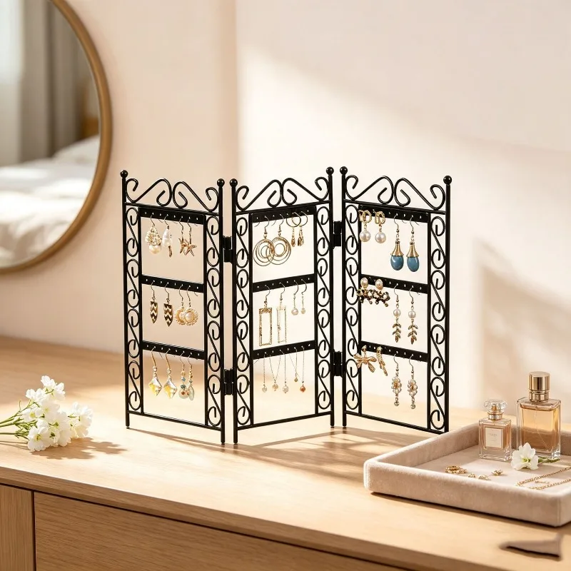 Metal Foldable Screen Earring Display Stand 72 Holes Jewelry Organizer Desktop Holder for Earrings Studs Necklaces Shop Rack