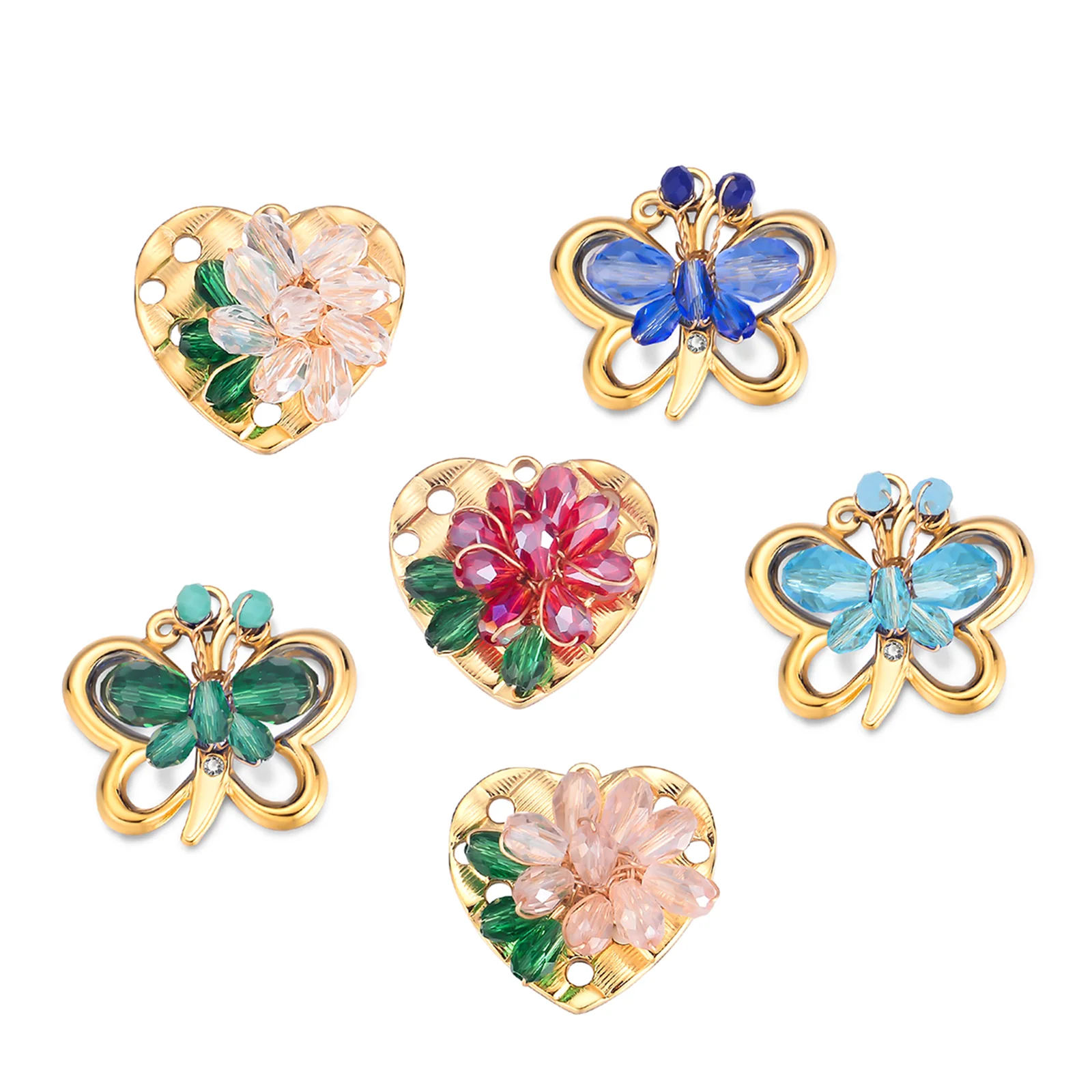 

3Pcs Stainless Steel Gold Color Charm Colorful Crystal Beads Flower Butterfly Pendants for DIY Necklace Earrings Jewelry Making