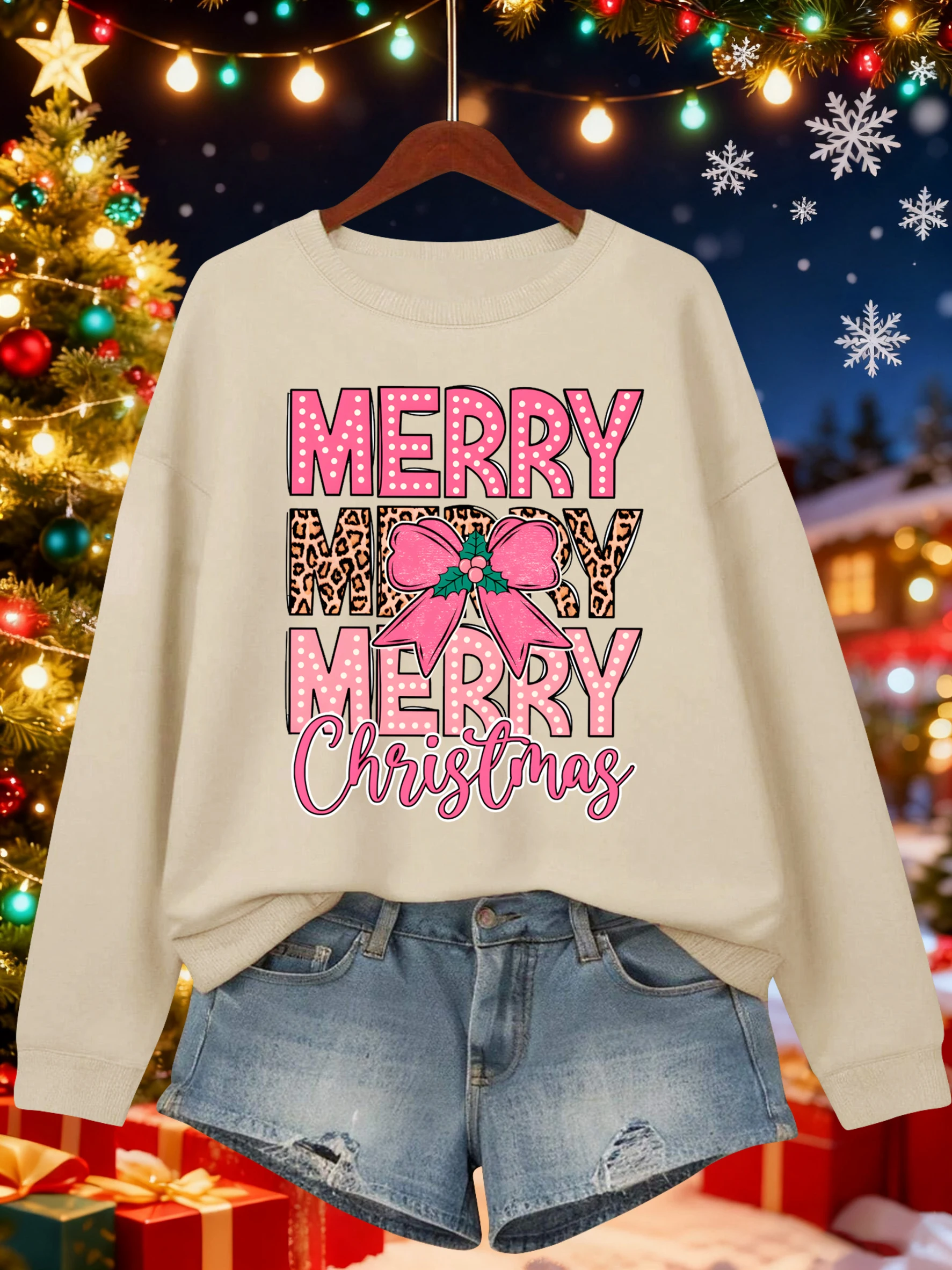 Frohe Weihnachten Rosa Schleife Druck Frauen Pullover Bequeme Hip Hop Sweatshirts Lose Freizeitkleidung Herbst Fleece Sportswear