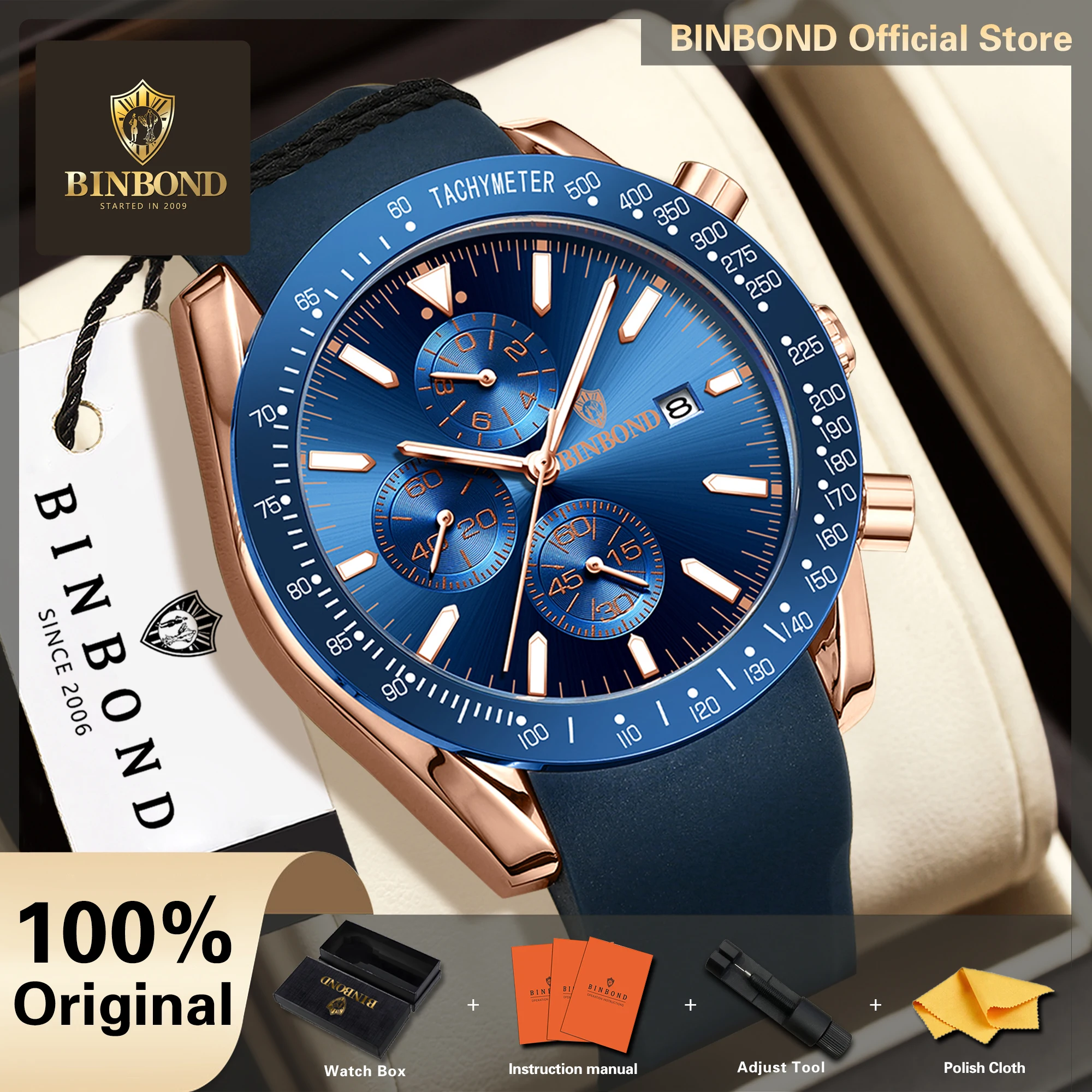 BINBOND Luxury Luminous Waterproof Reloj Chronograph Men's Watch Quartz Wristwatches For Men Zegarek Wodoszczelny Meski+Box