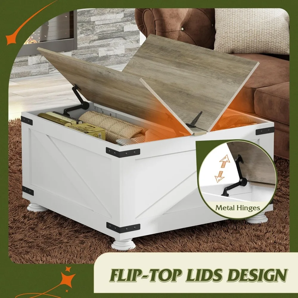 Mesa de centro cuadrada grande con tapas abatibles y almacenamiento oculto para sala de estar, mesa central de madera 31,5