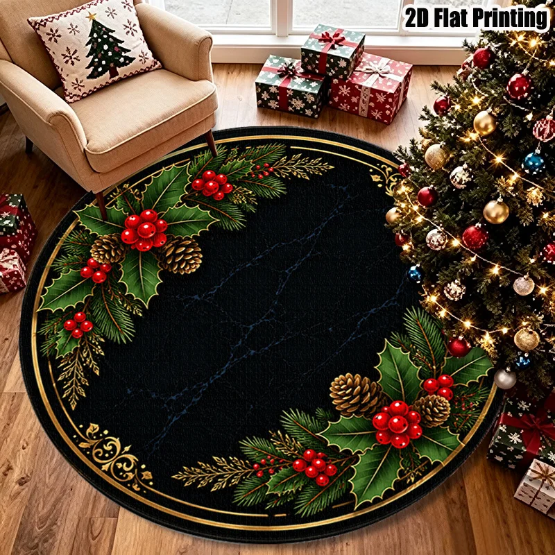 Velvet 2D Printed Round Rug, Christmas Red Fruit And Pinecone Pattern, Light Luxury Easy Design, Machine Washable All-Season Use, Suitable for Living RoomBedroomEntranceOfficeStudy, Warm Home Decor Essential, Fits Modern Easy Style