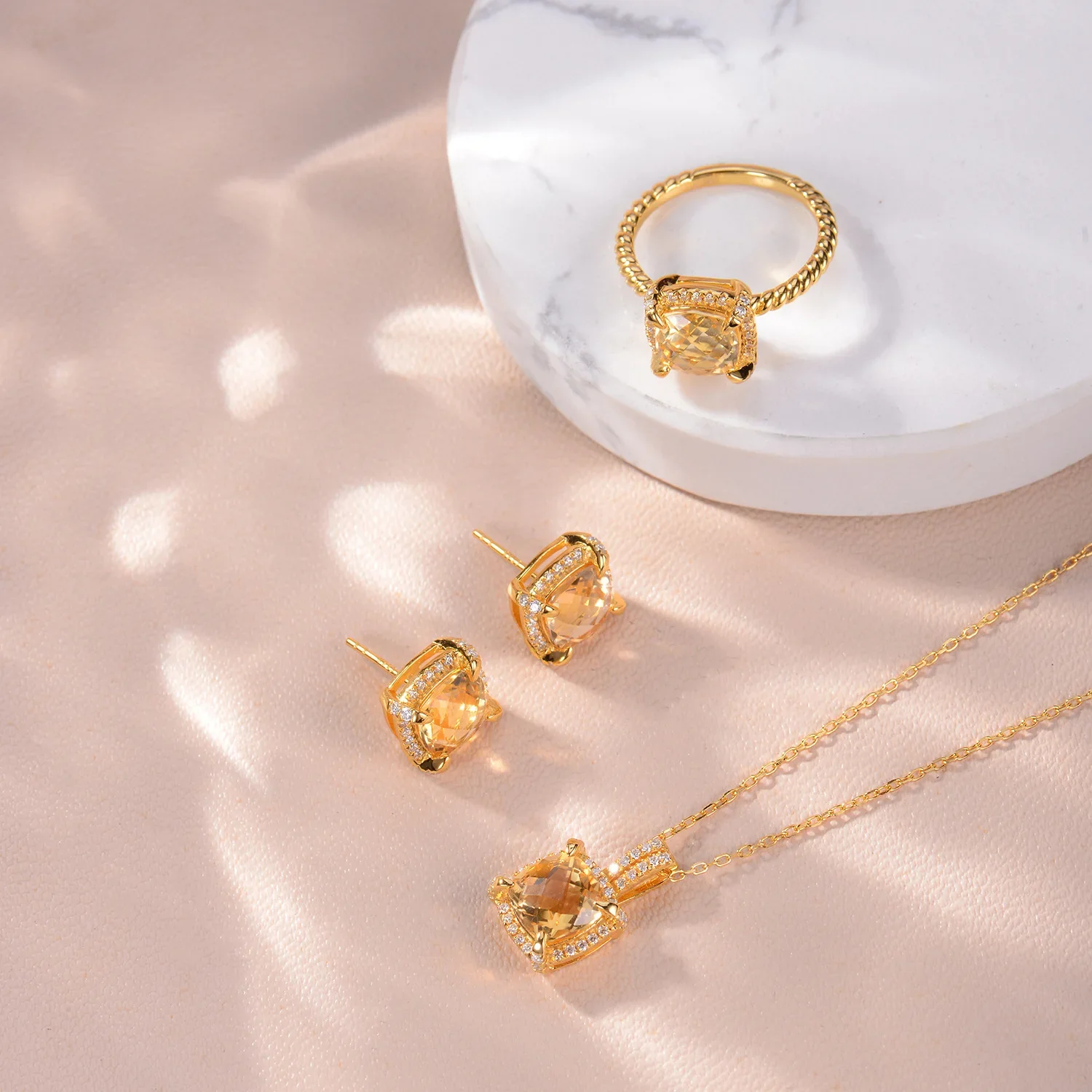 Gold Citrine Inlaid Moissanite S925 Silver Plated Gold Ring Necklace Stud Earrings Set