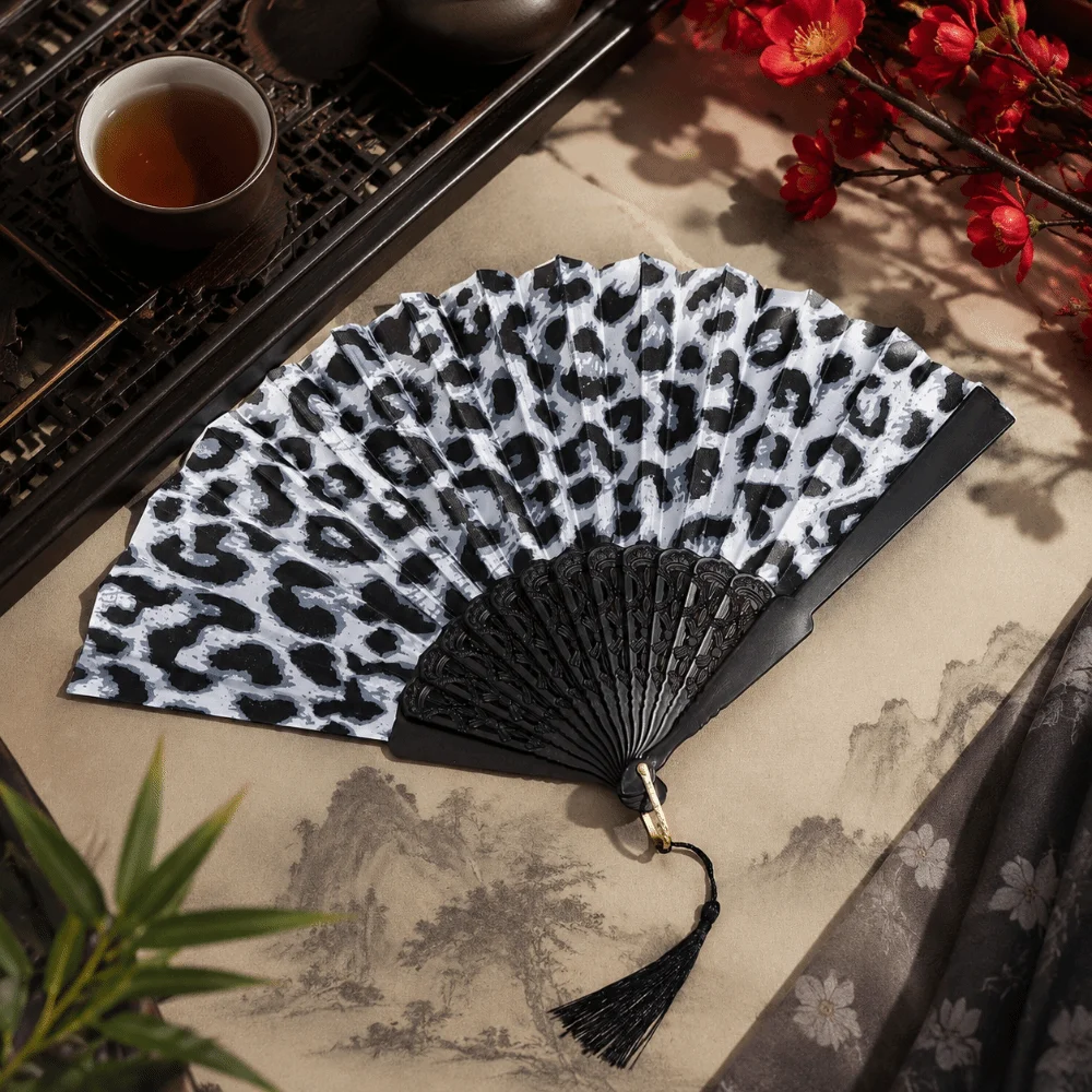 Fashion Collapsible Folding Fan Tassel Handheld Leopard Print Fan Decorative Cloth Fan Female Dance
