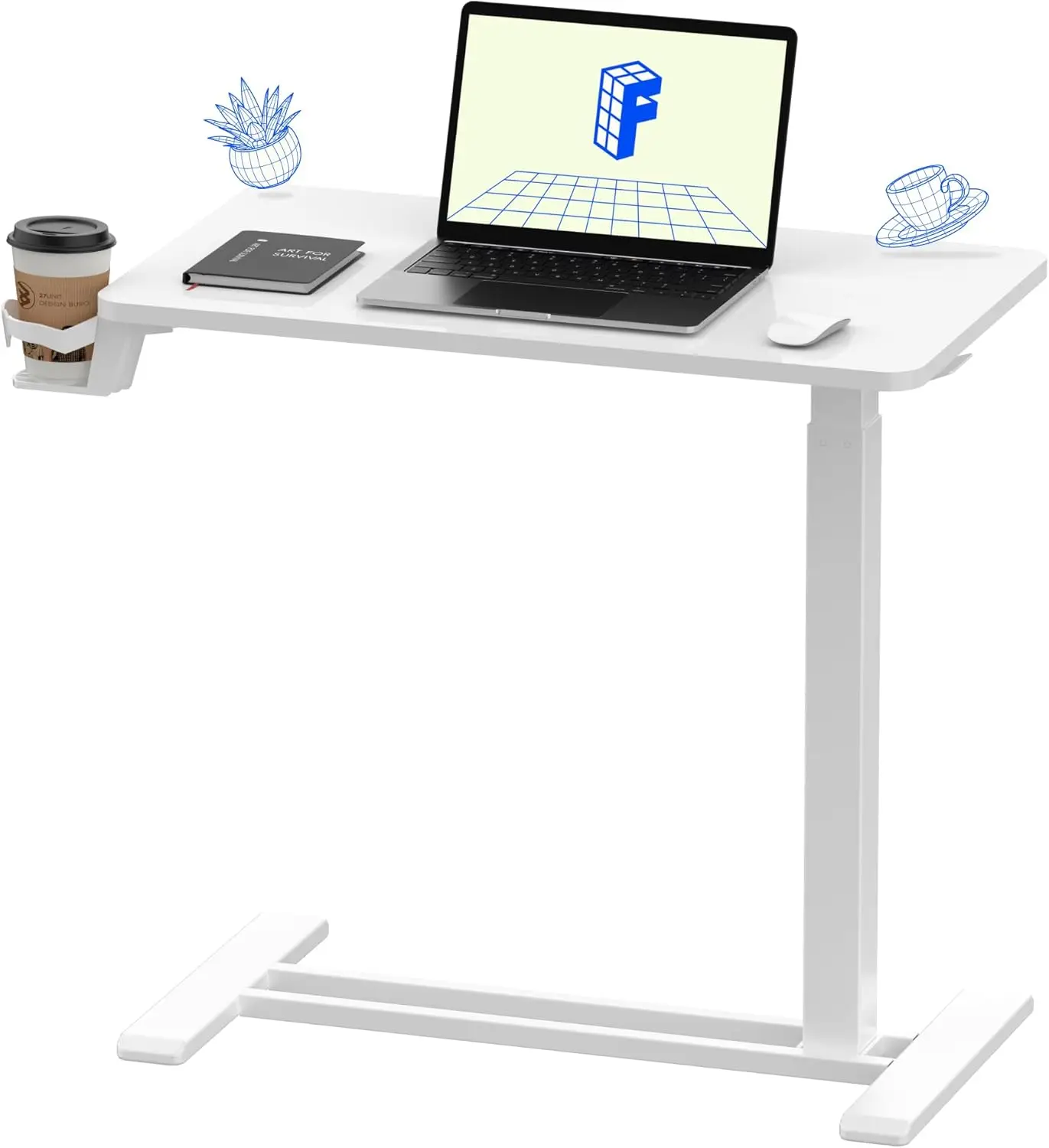 

H7 Adjustable Overbed Bedside Table with Wheels Pneumatic Mobile Standing Desk Laptop Desk Rolling