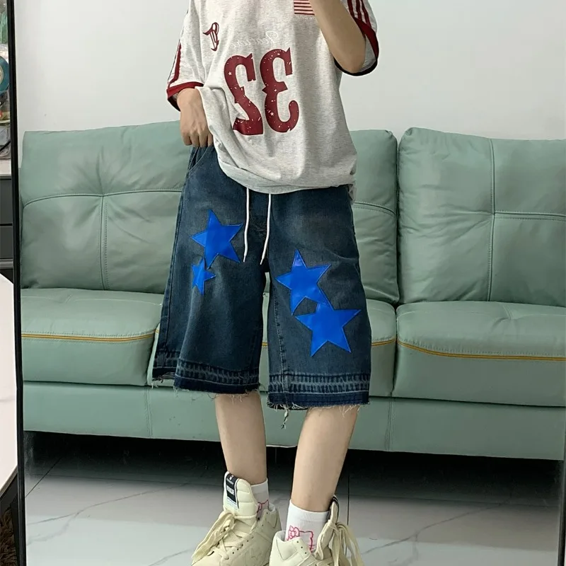 American High Waisted Elastic Tie Fashion Women's 2024 Summer Five Point Hip-hop Loose Straight Leg Wide Leg Casual Denim Pants